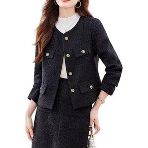 Women Black Floral Tweed Jacket Long Sleeve Round Neck Business Casual Top